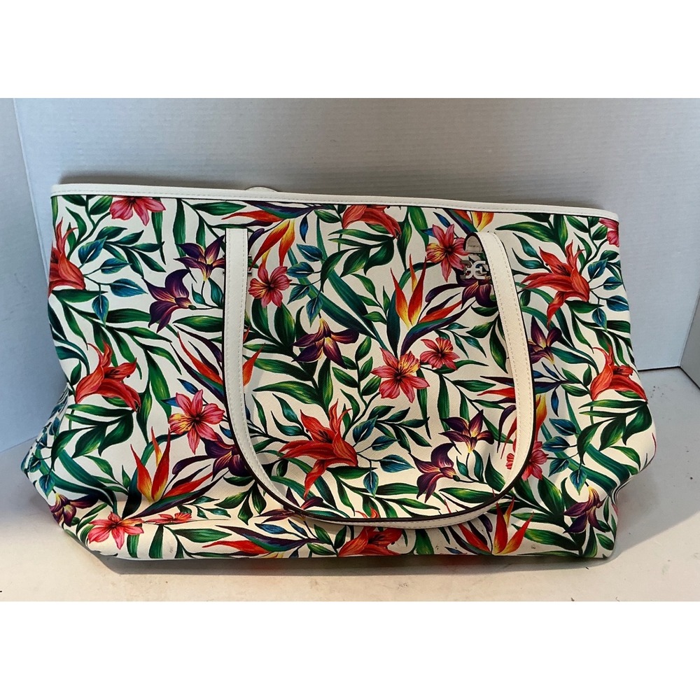 Sam Edelman Tote Bag Tropical Floral Print White Faux Leather Large Summer Purse